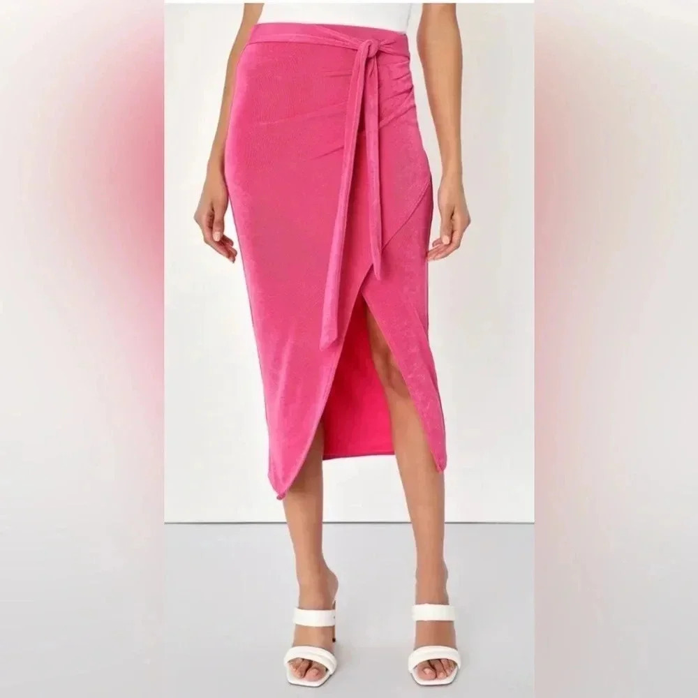Lulus Pink Tie Front Faux Wrap Midi Skirt